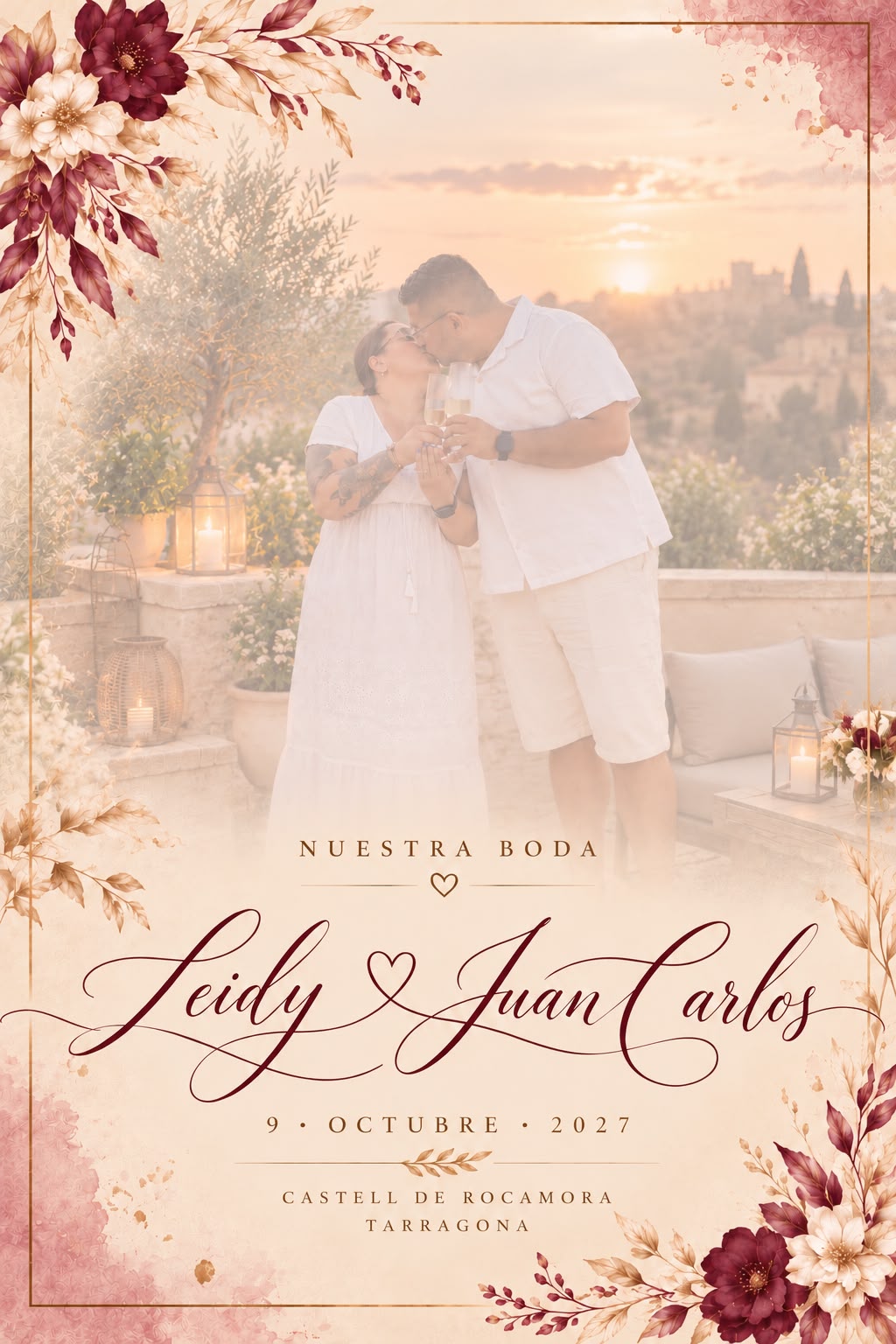 Invitación floral de Leidy y Juan Carlos con su fotografía, 9 de octubre de 2027, Castell de Rocamora, Tarragona